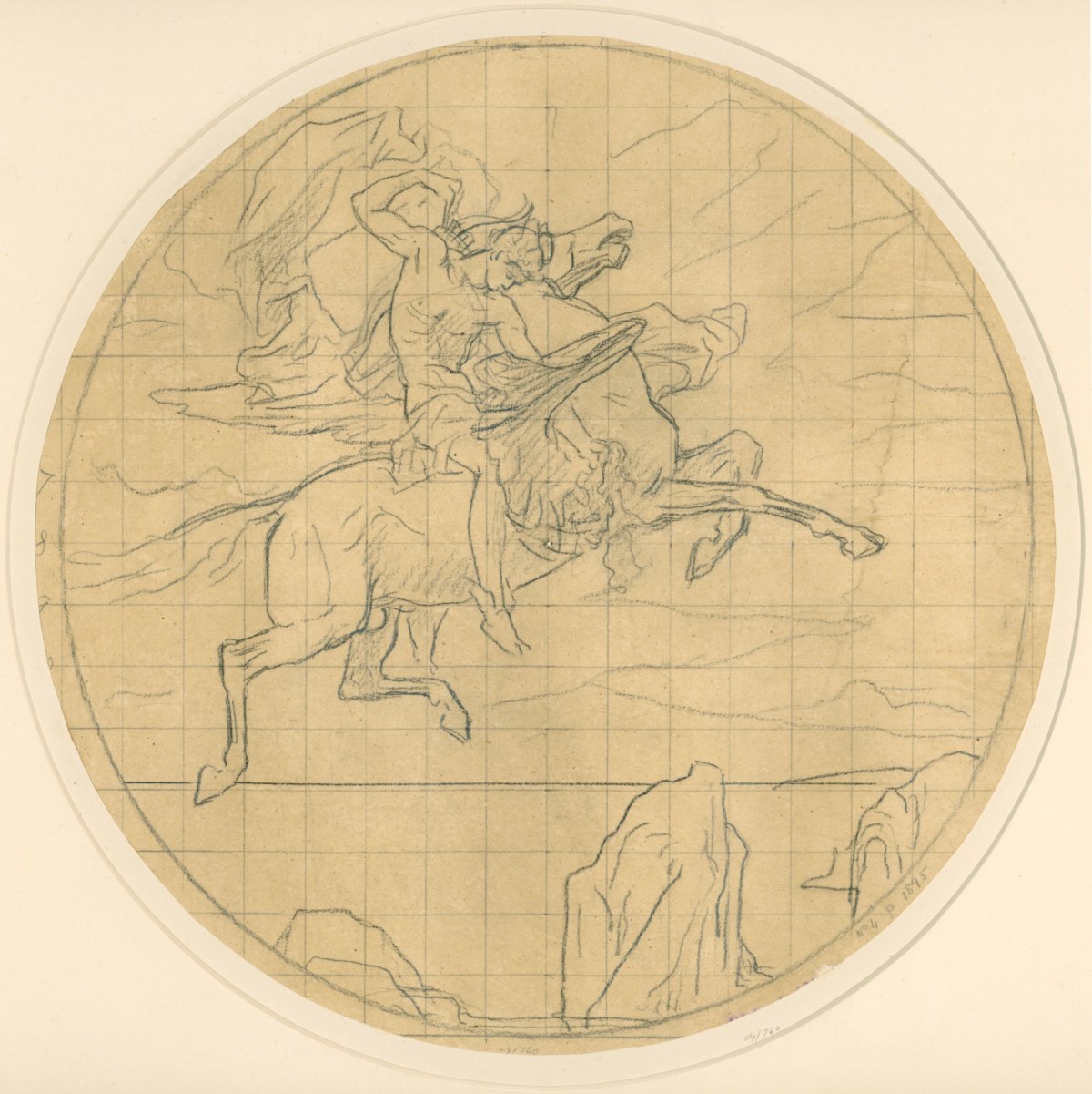 Lord Leighton PRA, Squared up tracing for 'Perseus on Pegasus Hastening to the Rescue of Andromeda'