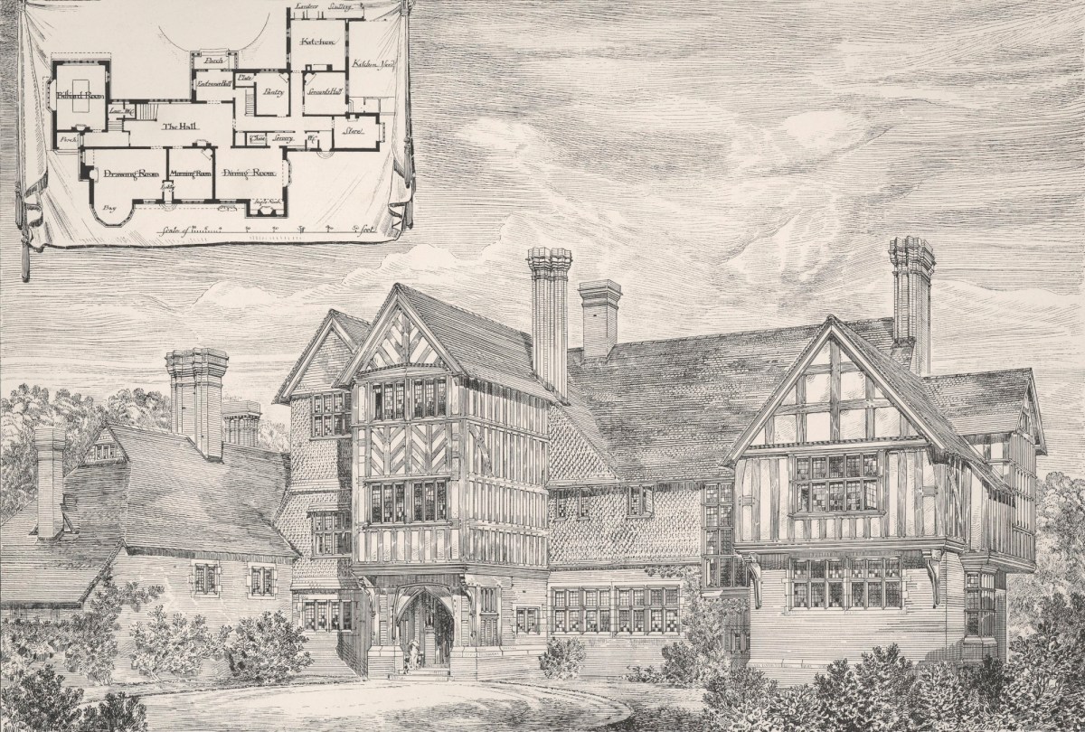 Richard Norman Shaw RA, Design for Broadlands, Sunninghill, Berkshire: perspective of entrance front (with inset ground-floor plan)