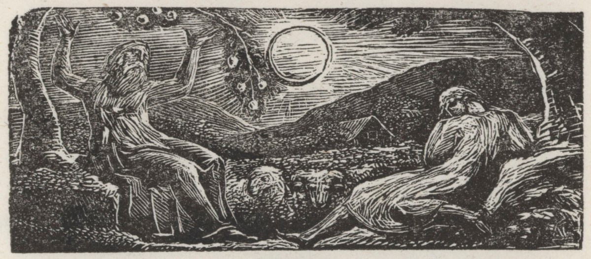 William Blake, Thenot and Colinet Converse Seated between Two Trees