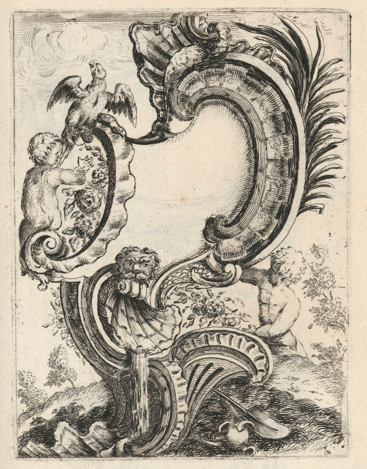 Gaetano Brunetti and John Rocque, Rocaille cartouche with putti and bird