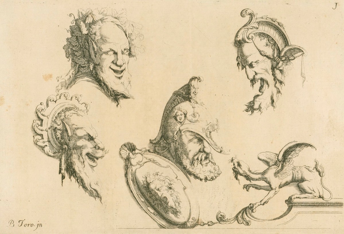 Jean Bernard Toro, Four grotesque masks, a shield and a griffin