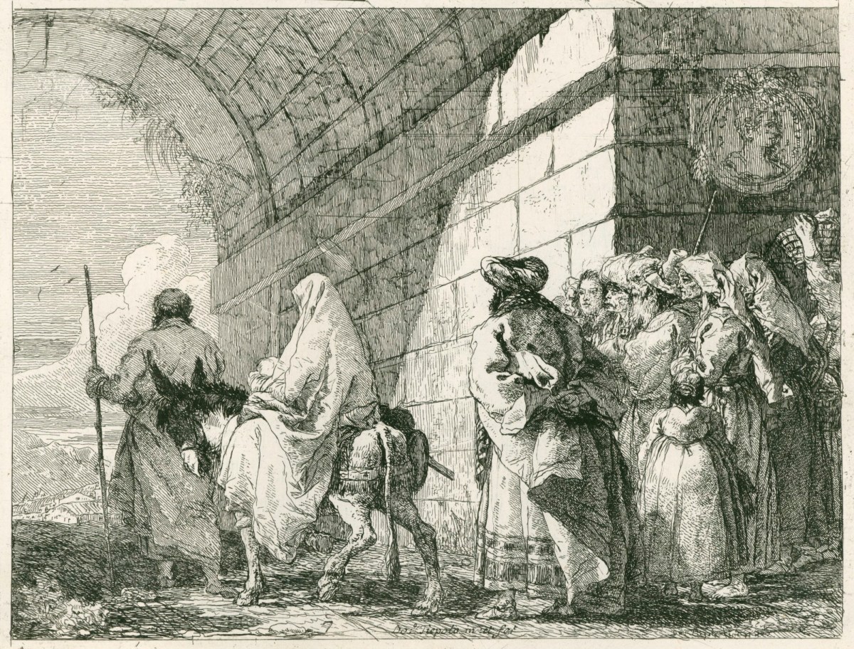 Giandomenico Tiepolo, The Flight into Egypt: The Holy Family leaving by a city gate