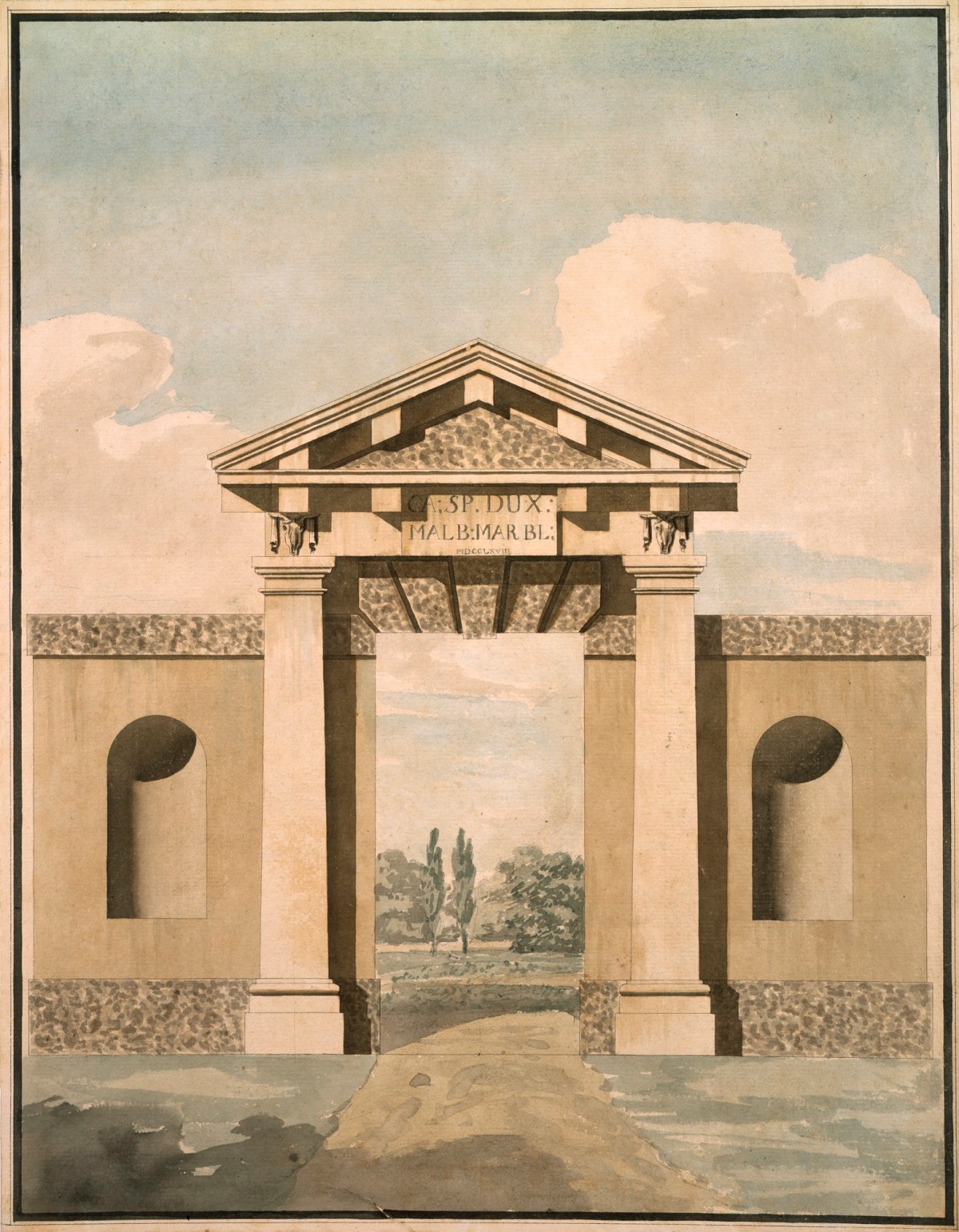John Yenn RA, Alternative design for a Doric gateway, Blenheim Palace, Oxfordshire: elevation in landscape