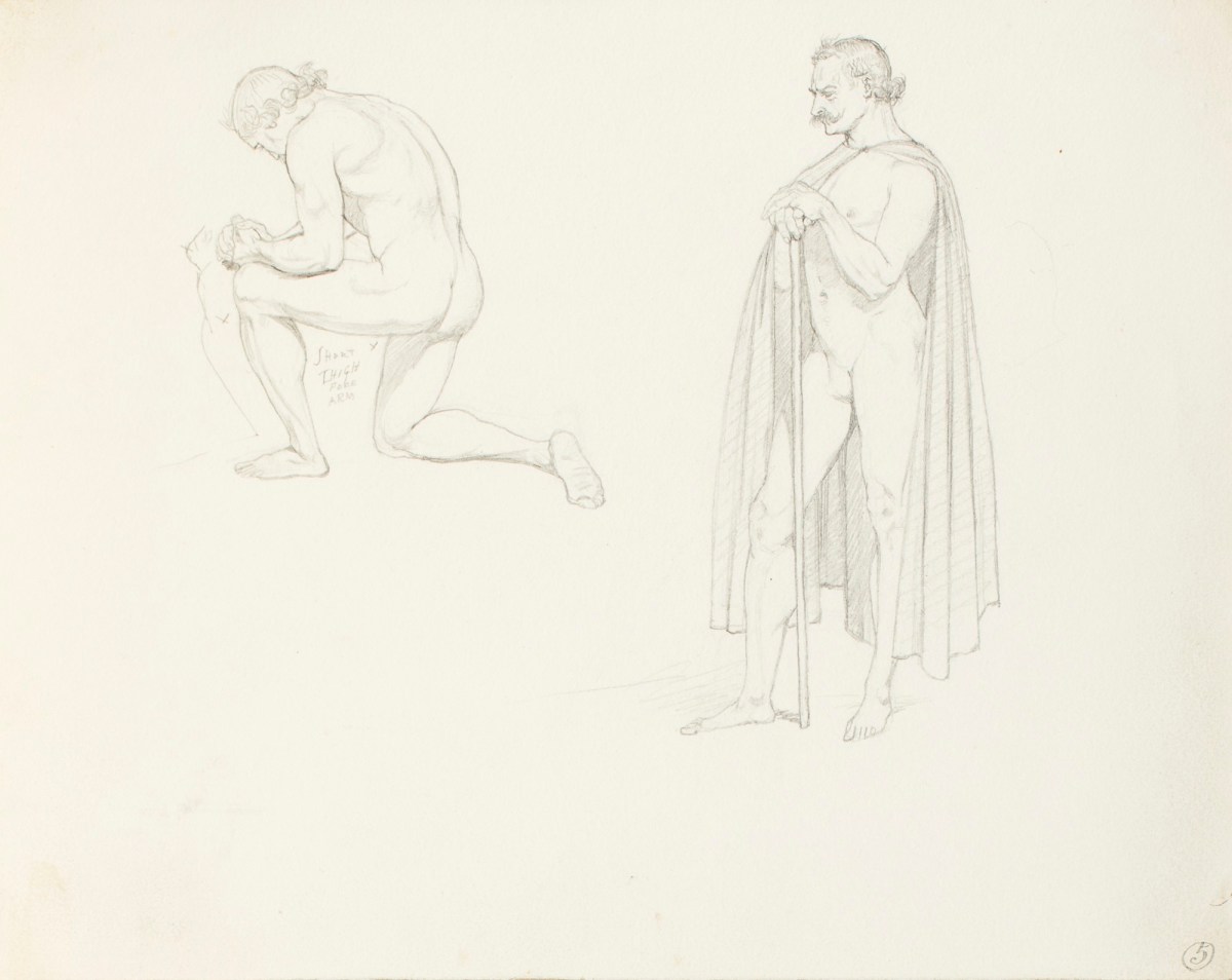 Henry Hugh Armstead RA, Two nude studies of male figures, for the 'History of the Shirleys' reliefs