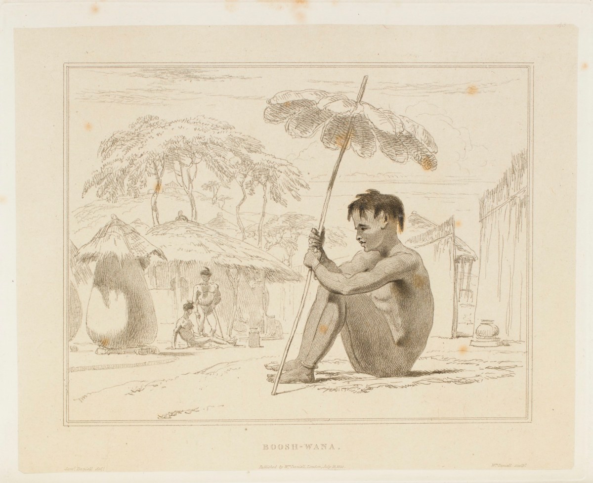 Samuel Daniell, A Tswana man seated holding an umbrella of ostrich feathers ('Boosh-wana')