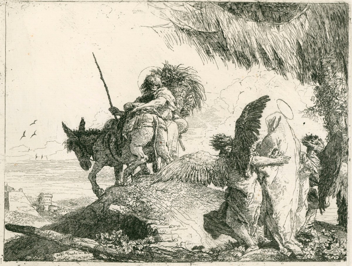Giandomenico Tiepolo, The Flight into Egypt: Mary supported by two Angels follows Joseph
