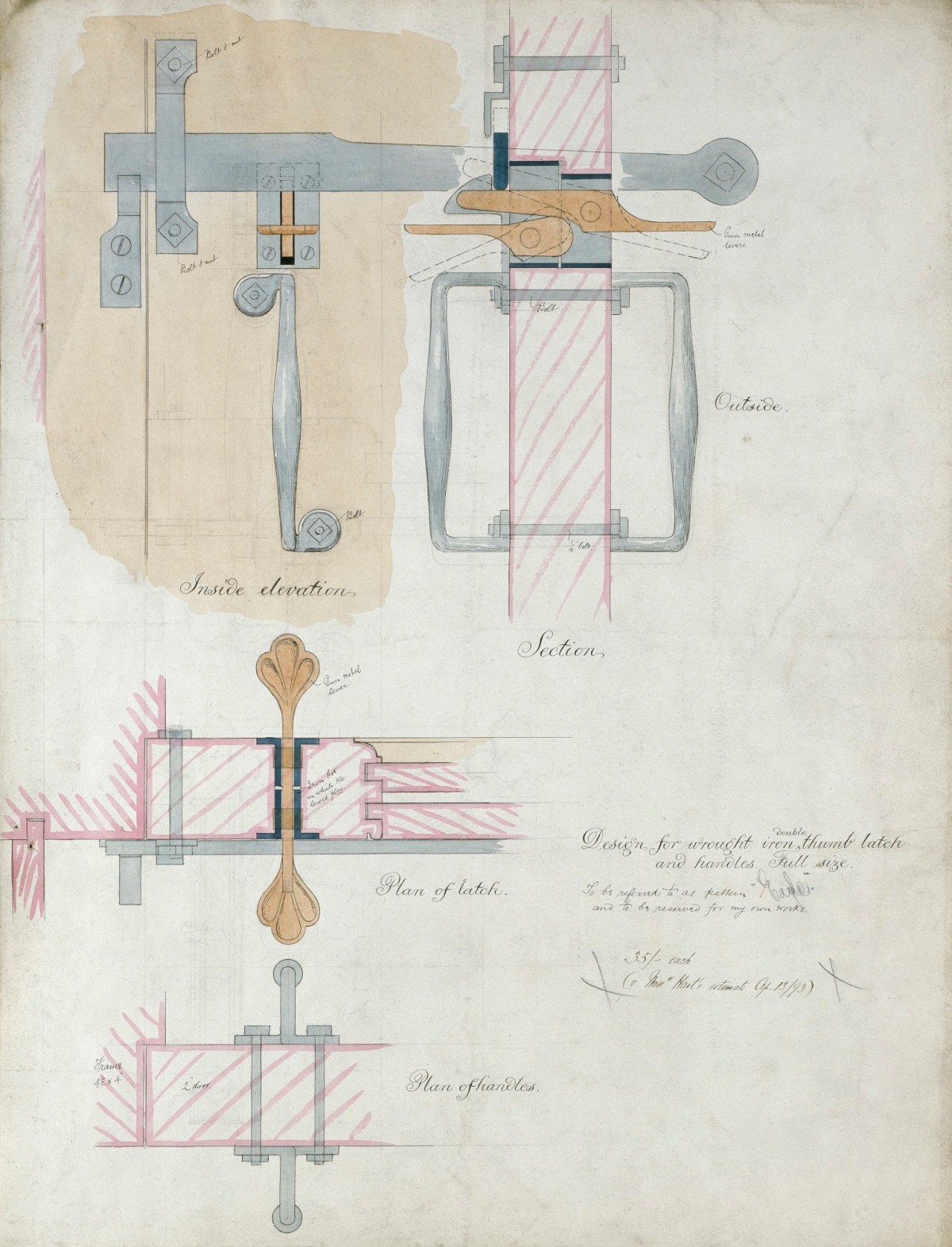 Sir T.G. Jackson Bt. RA, Record drawing of "Eagle" pattern wrought-iron double-thumb latch and handles: full-size plans, elevation and section