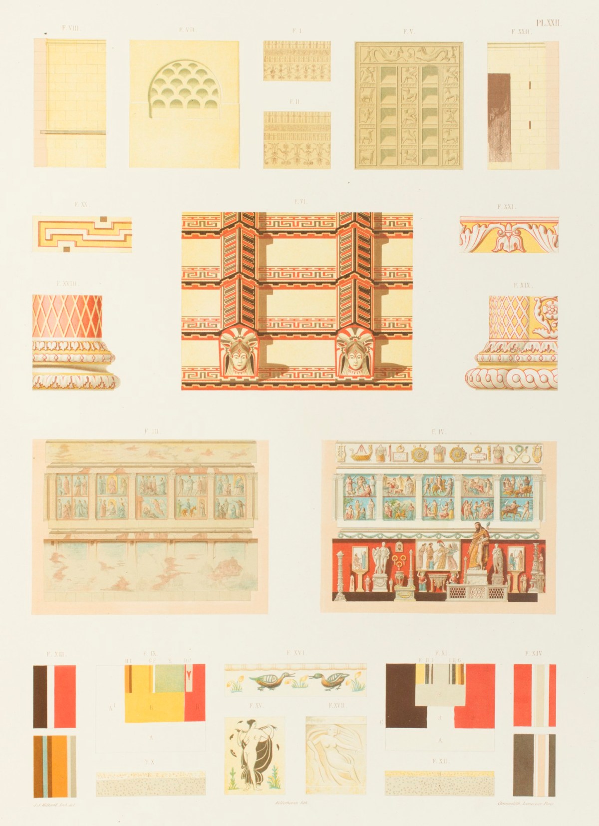 Jakob Ignaz Hittorff, État actuel et restauration de l'église de Saint-Urbain, près de Rome; partie de la couverture d'un temple à Véïes; fragments de stuc colorié de l'Italie et de la France; fragments antiques d'ivoire, peints à l'encaustique; fragments de colonnes et de pil