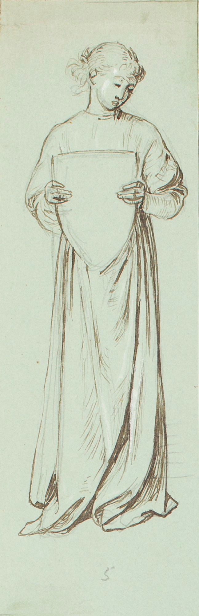 Henry Hugh Armstead RA, Study of a standing girl holding a shield for Llandaff Cathedral carvings