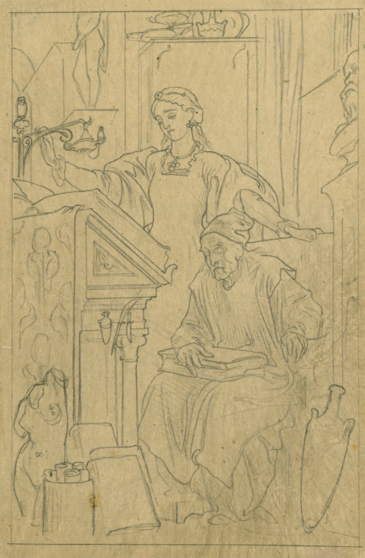 Lord Leighton PRA, Tracing for 'The Blind Scholar and his Daughter'