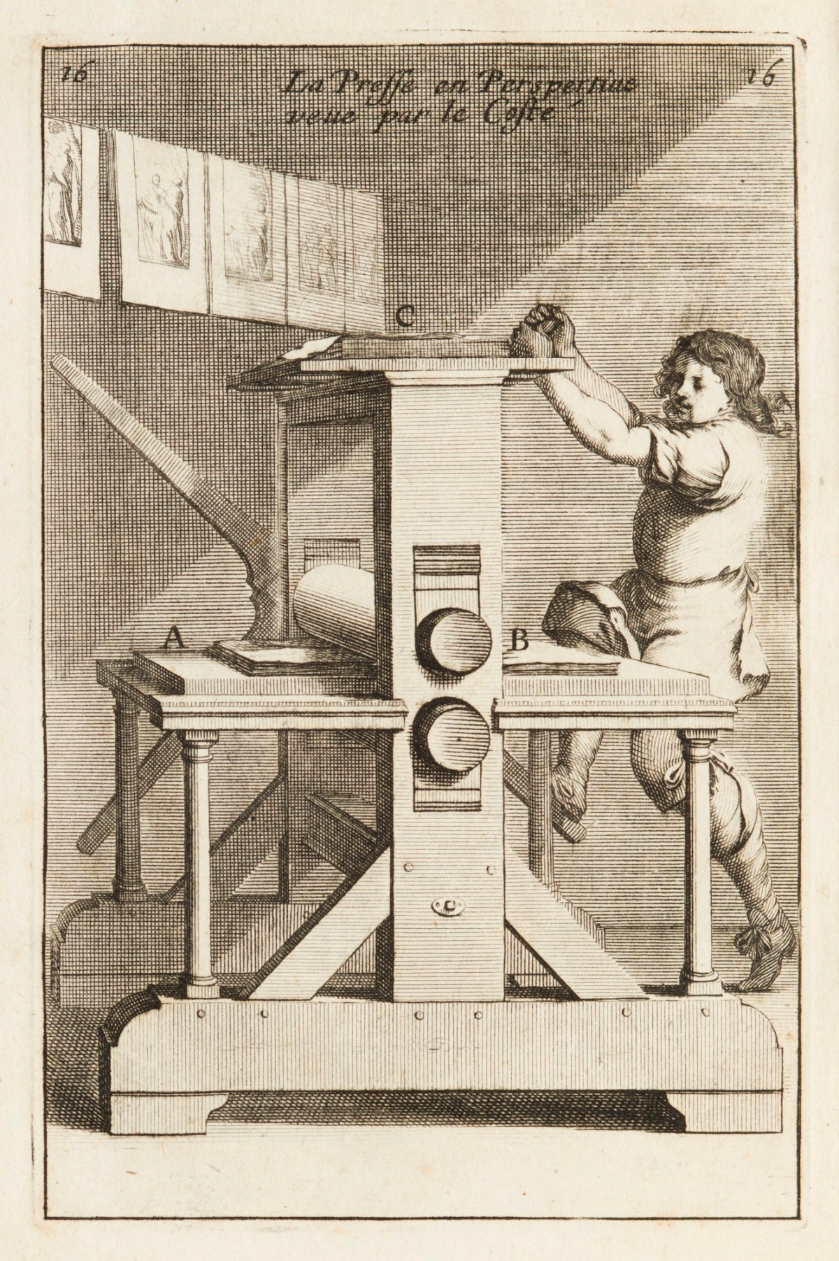 Unsigned, Perspective of the press viewed from the side where the presser is seen turning the reel.