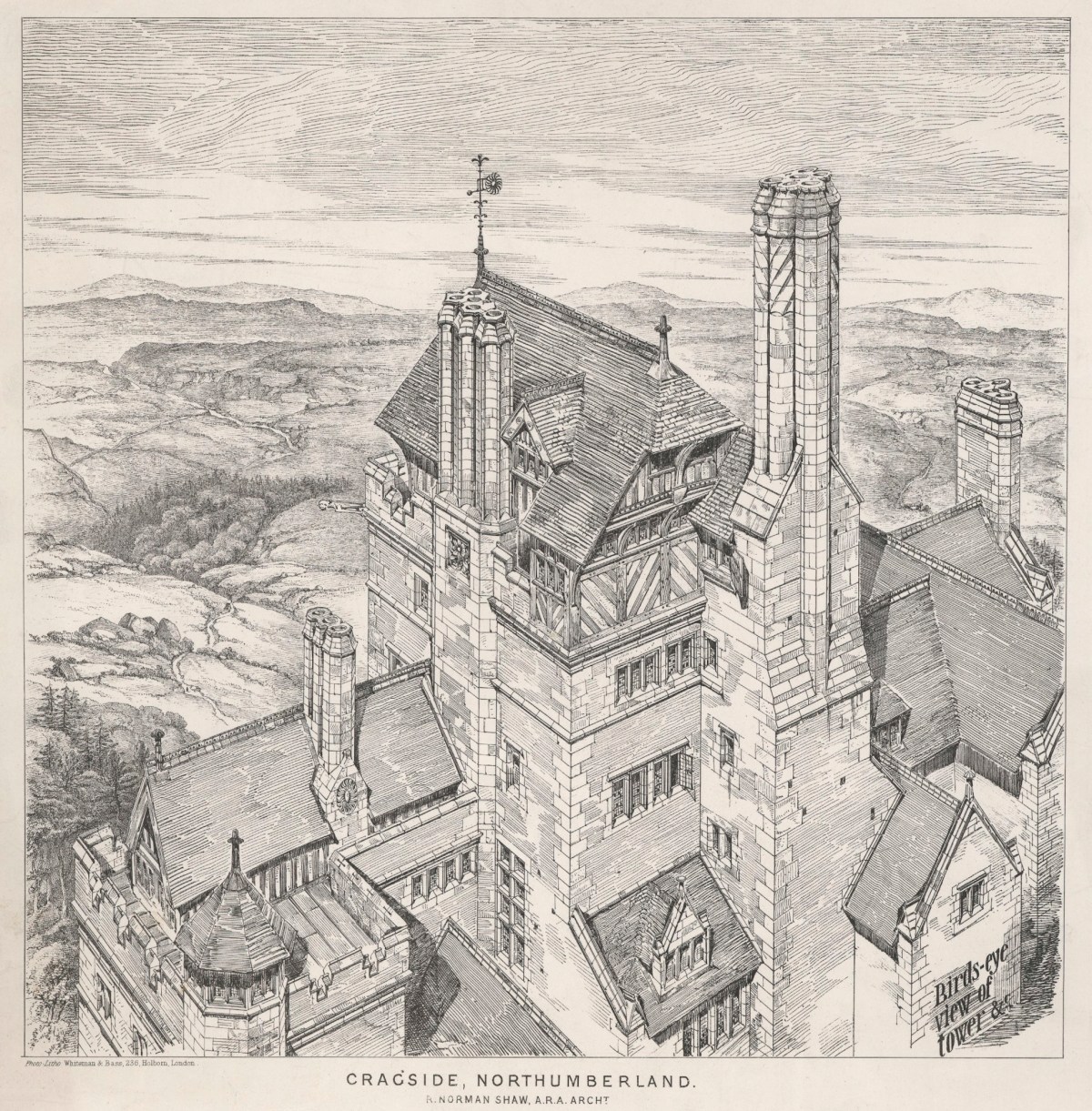 Richard Norman Shaw RA, Design for Cragside, Rothbury, Northumberland: bird's-eye view of tower
