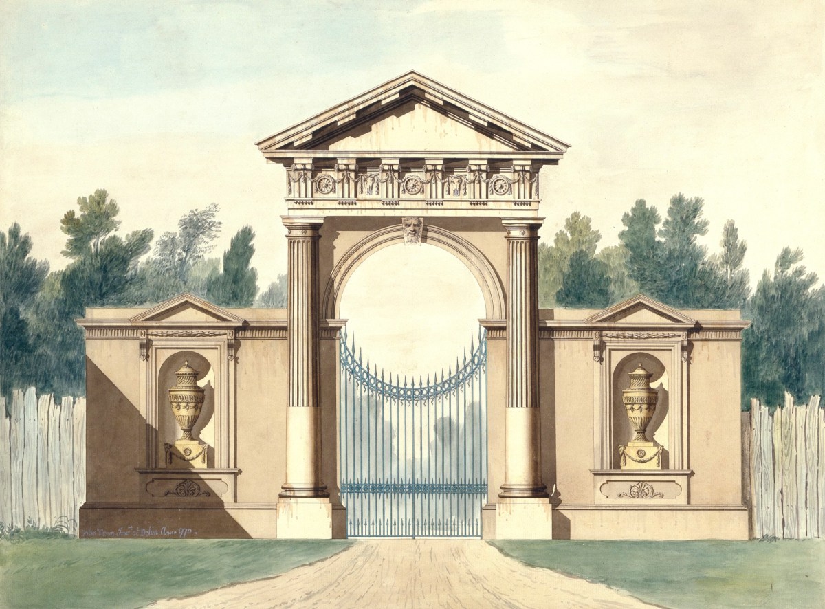 John Yenn RA, Design for pedimented Doric entrance gate with lodges and urns: elevation