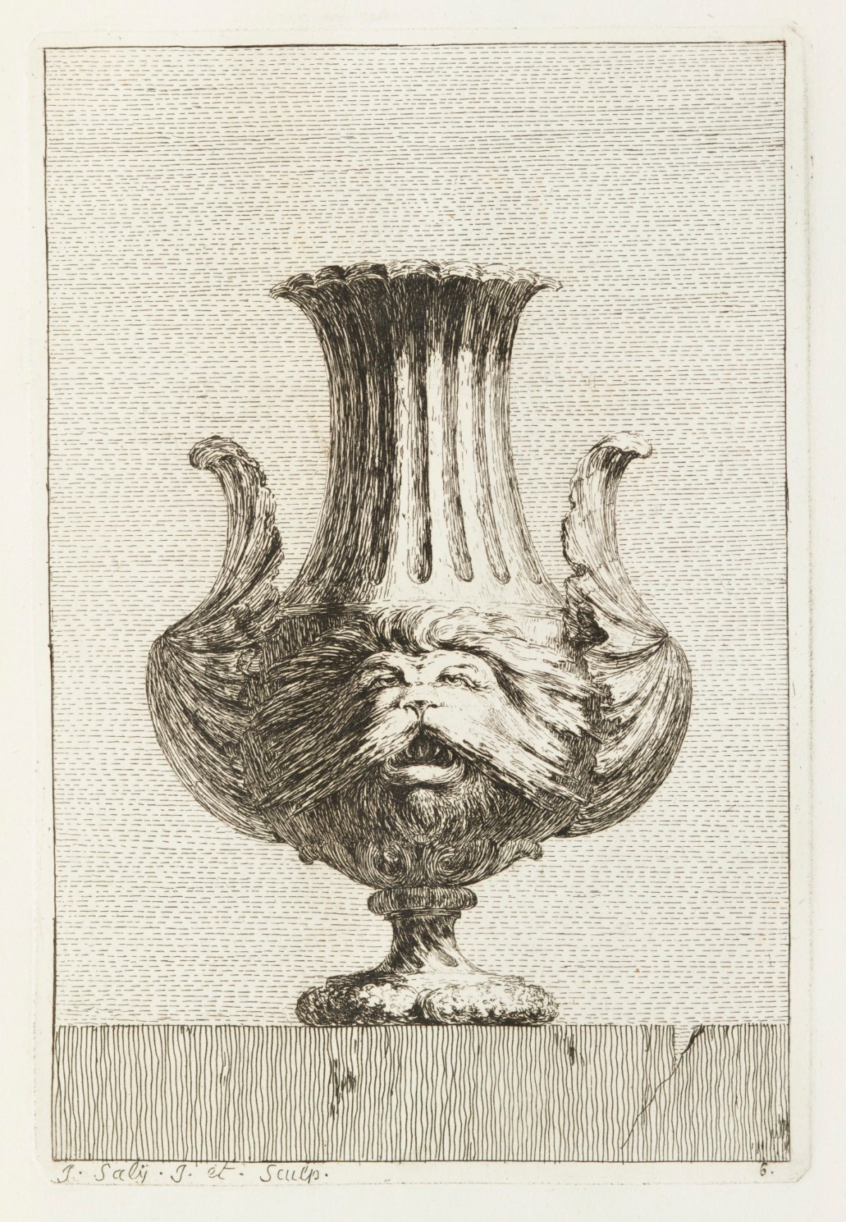 Jacques-François-Joseph Saly, Vase with lion-head ornament and tall funnel neck.