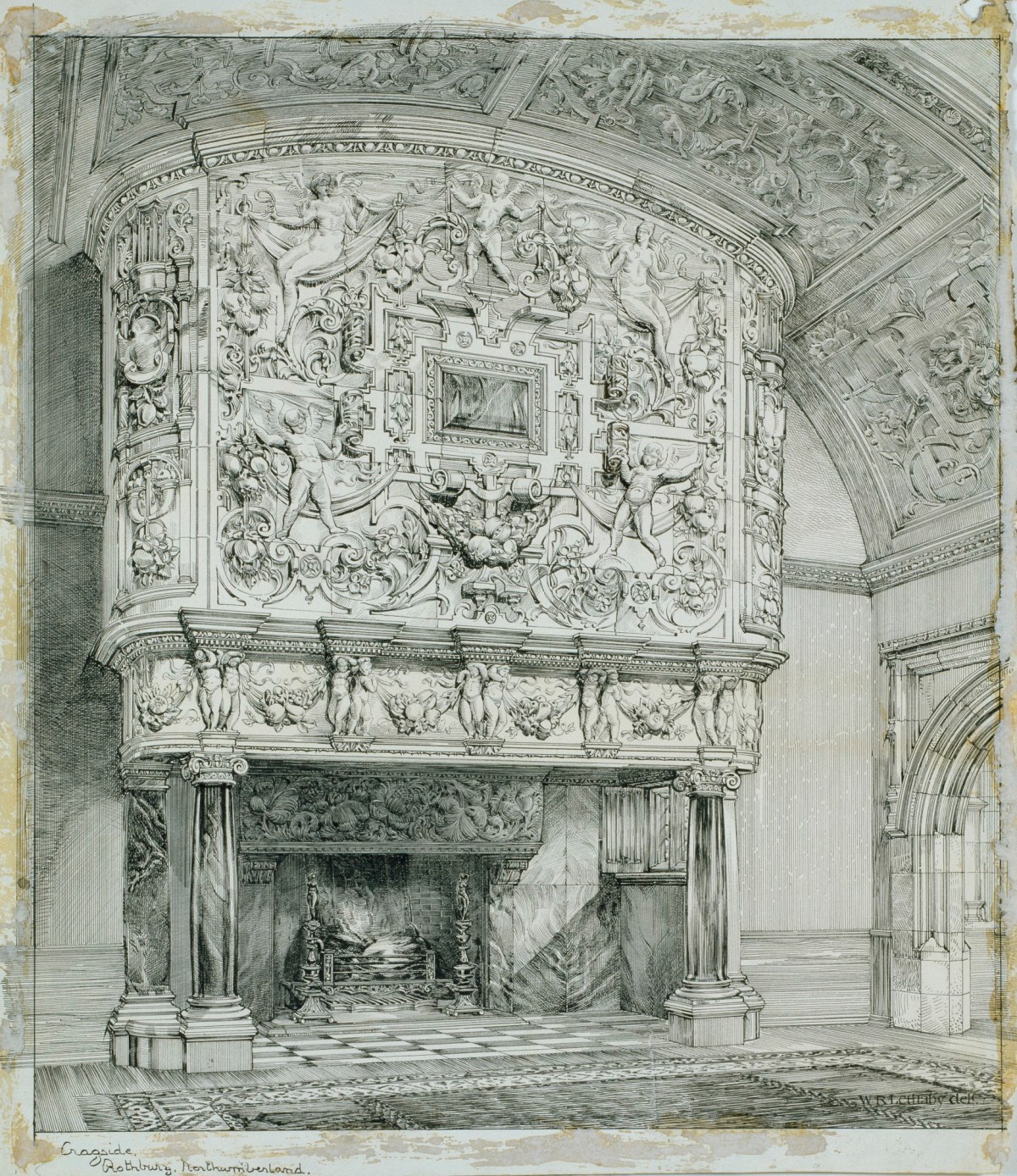 William Richard Lethaby, Design for Cragside, Rothbury, Northumberland: perspective of drawing-room chimney-piece