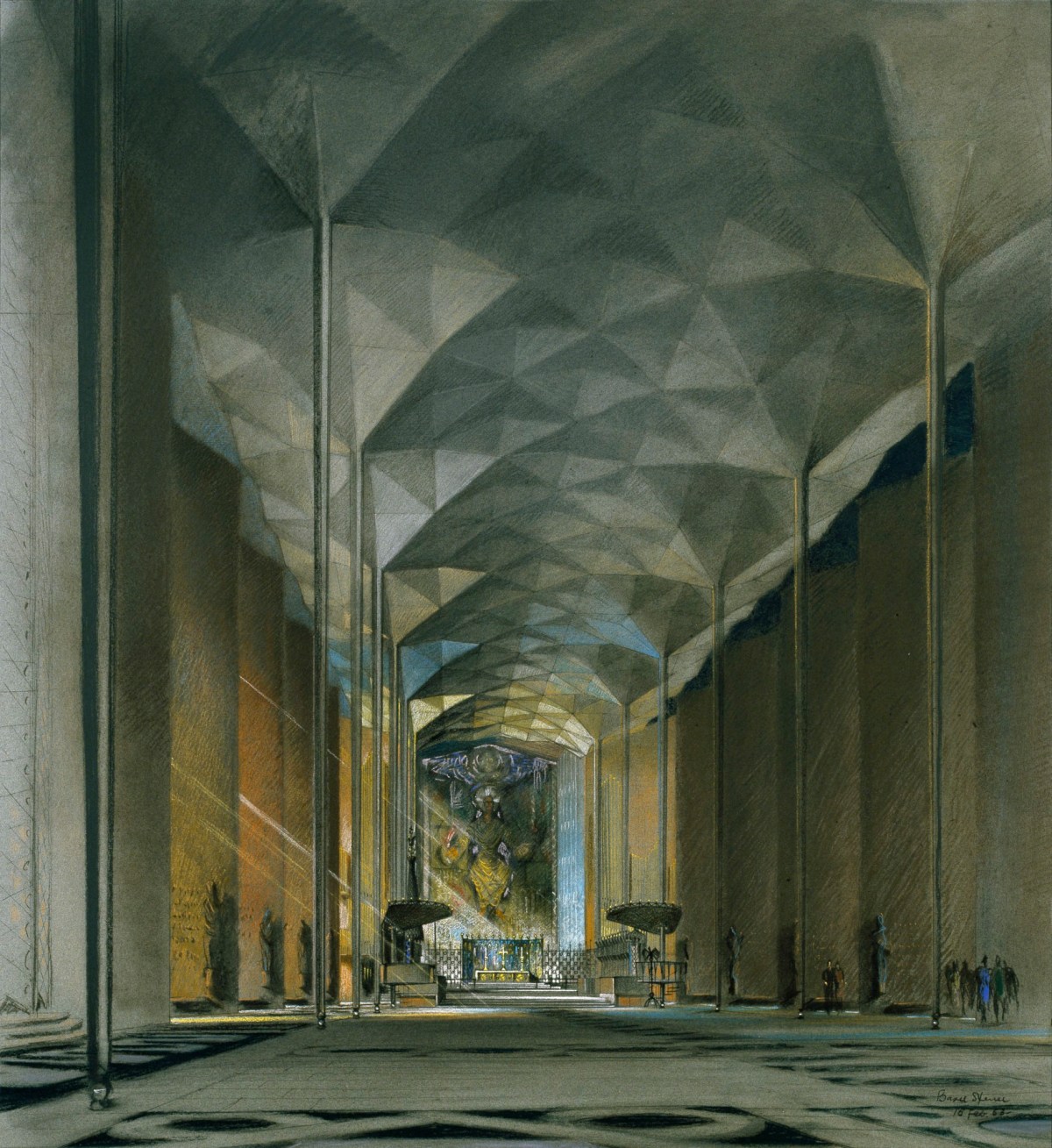 Sir Basil Spence RA, Design for the Cathedral Church of Saint Michael, Coventry: perspective through nave towards altar