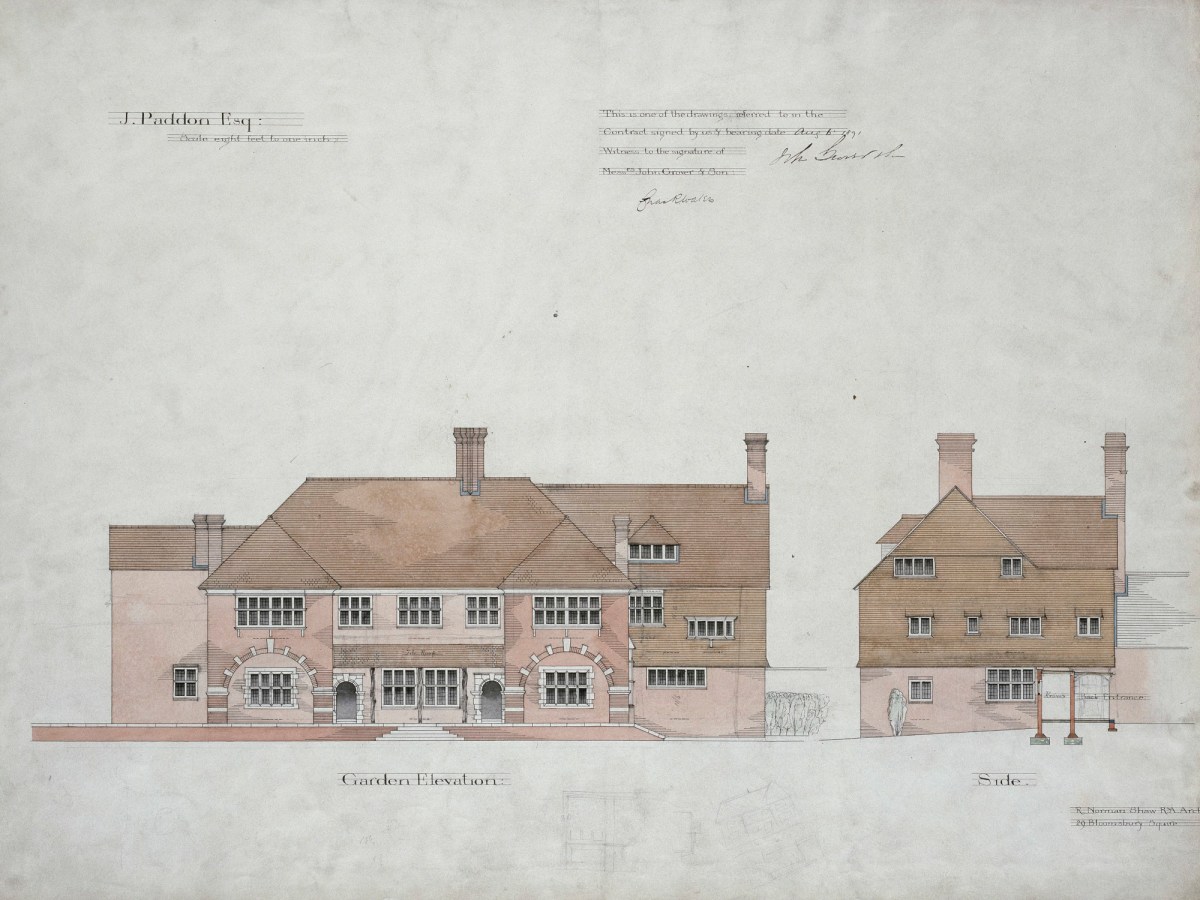 Richard Norman Shaw RA, Contract drawing for East Combe, 44 West (now Westwood) Hill, Sydenham, London SE26: garden elevation and side elevation