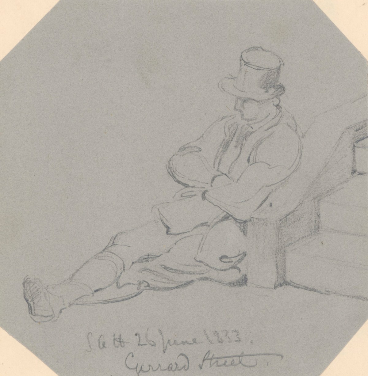 Solomon Alexander Hart RA, Man sitting on the pavement in Gerrard Street, London