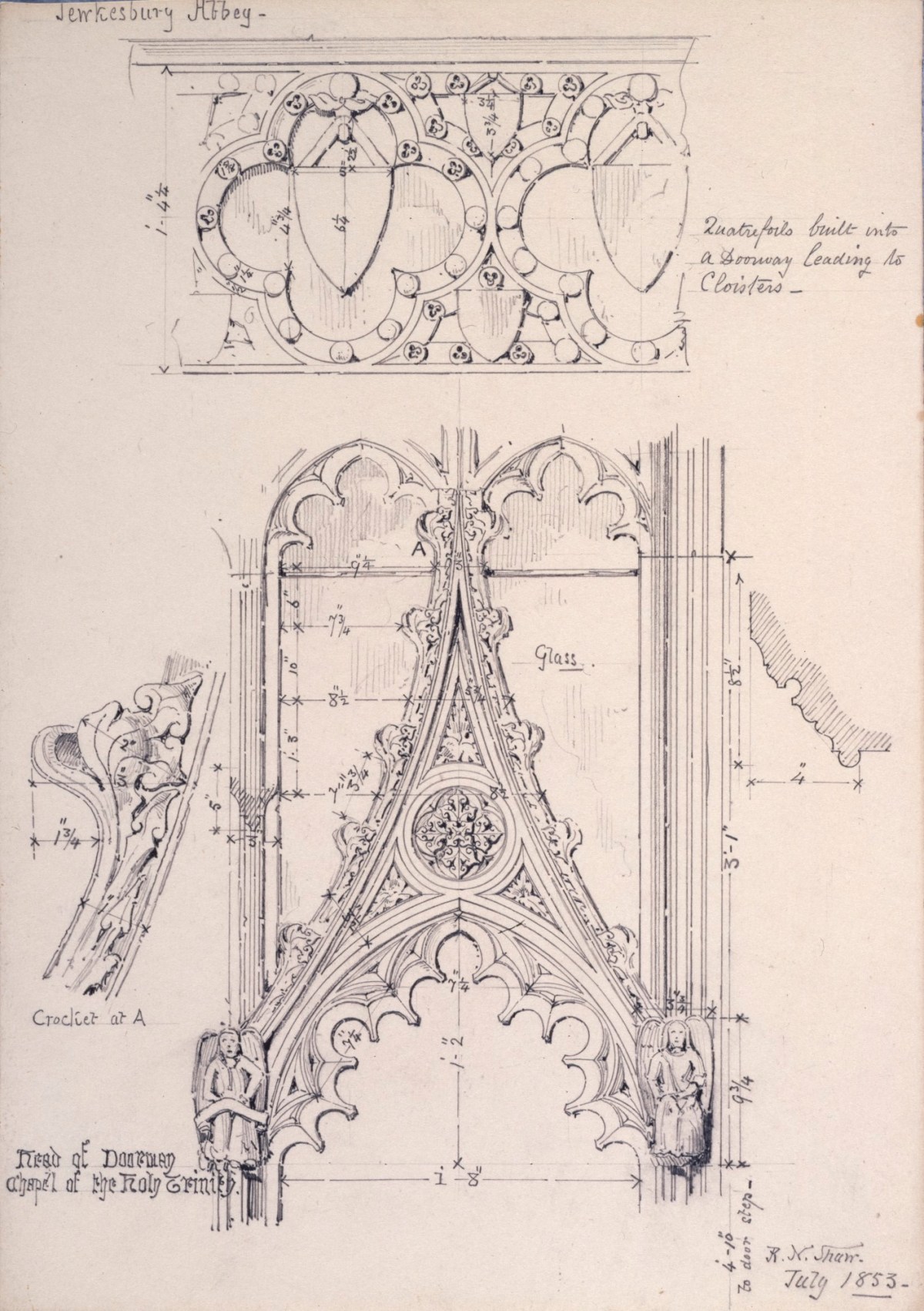 Richard Norman Shaw RA, Tewkesbury Abbey: measured details: quatrefoil ornament, crocket and head of doorway