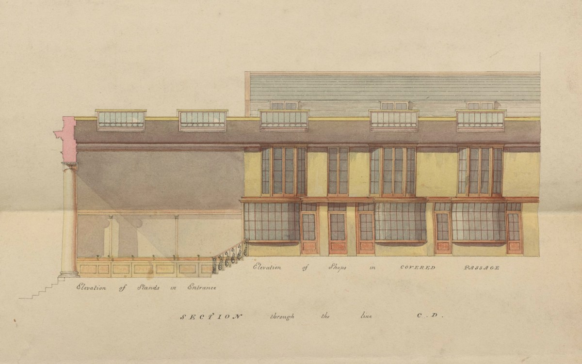 Samuel Ware, Design, unexecuted, for Burlington Arcade, Piccadilly, Westminster, London: plans, elevations and sections