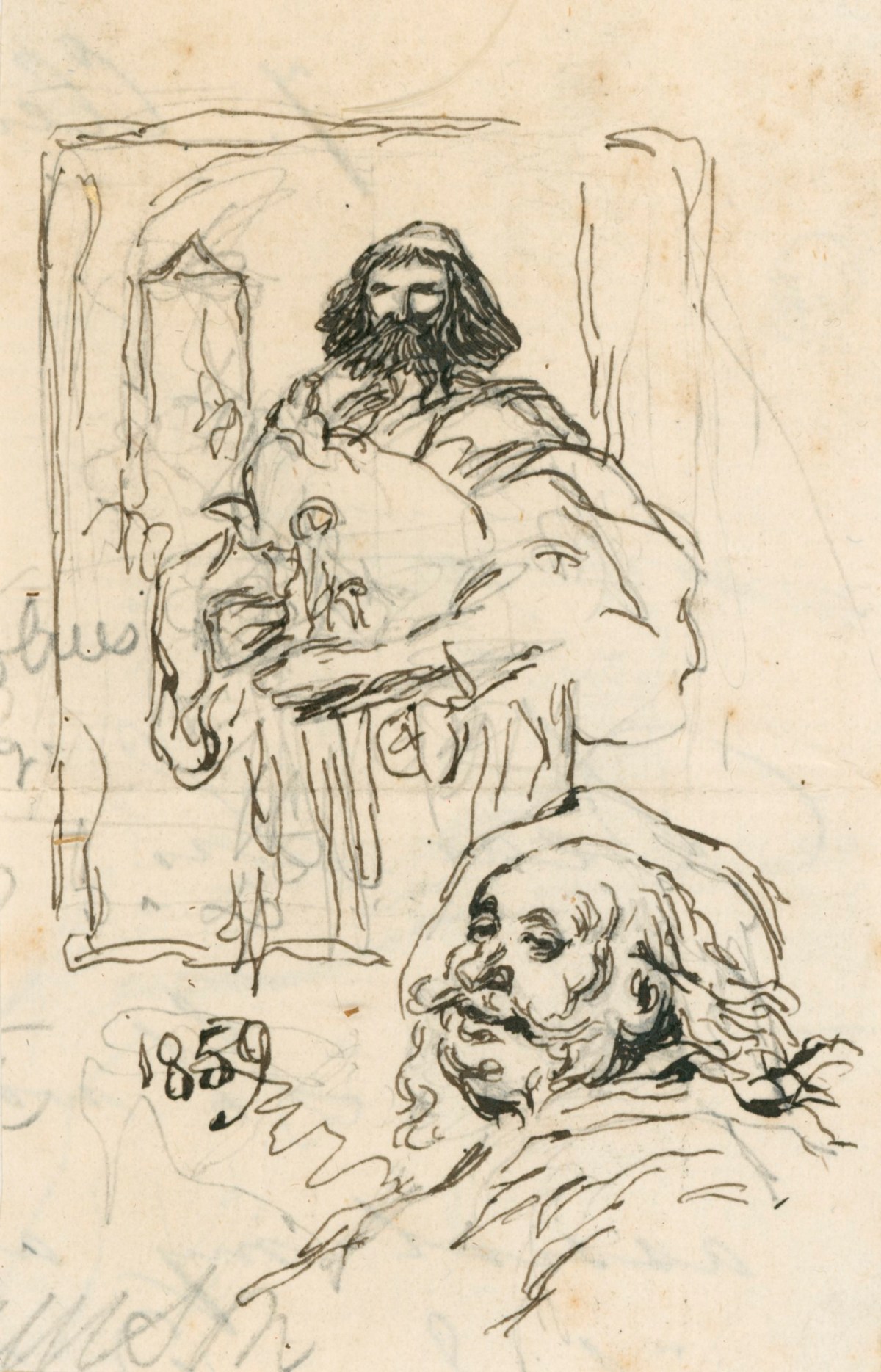 Sir John Gilbert RA, Sketch for 'A Roman Bagpiper' and the head of a bearded man