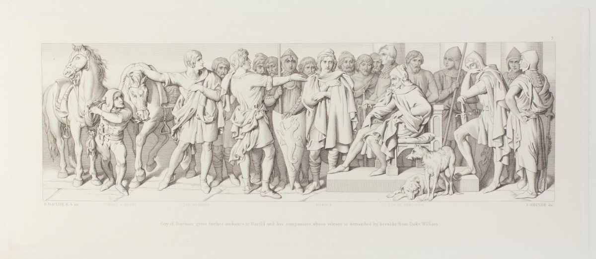 Daniel Maclise RA, Guy of Ponthieu gives further audience to Harold and his companions, whose release is demanded by heralds from Duke William