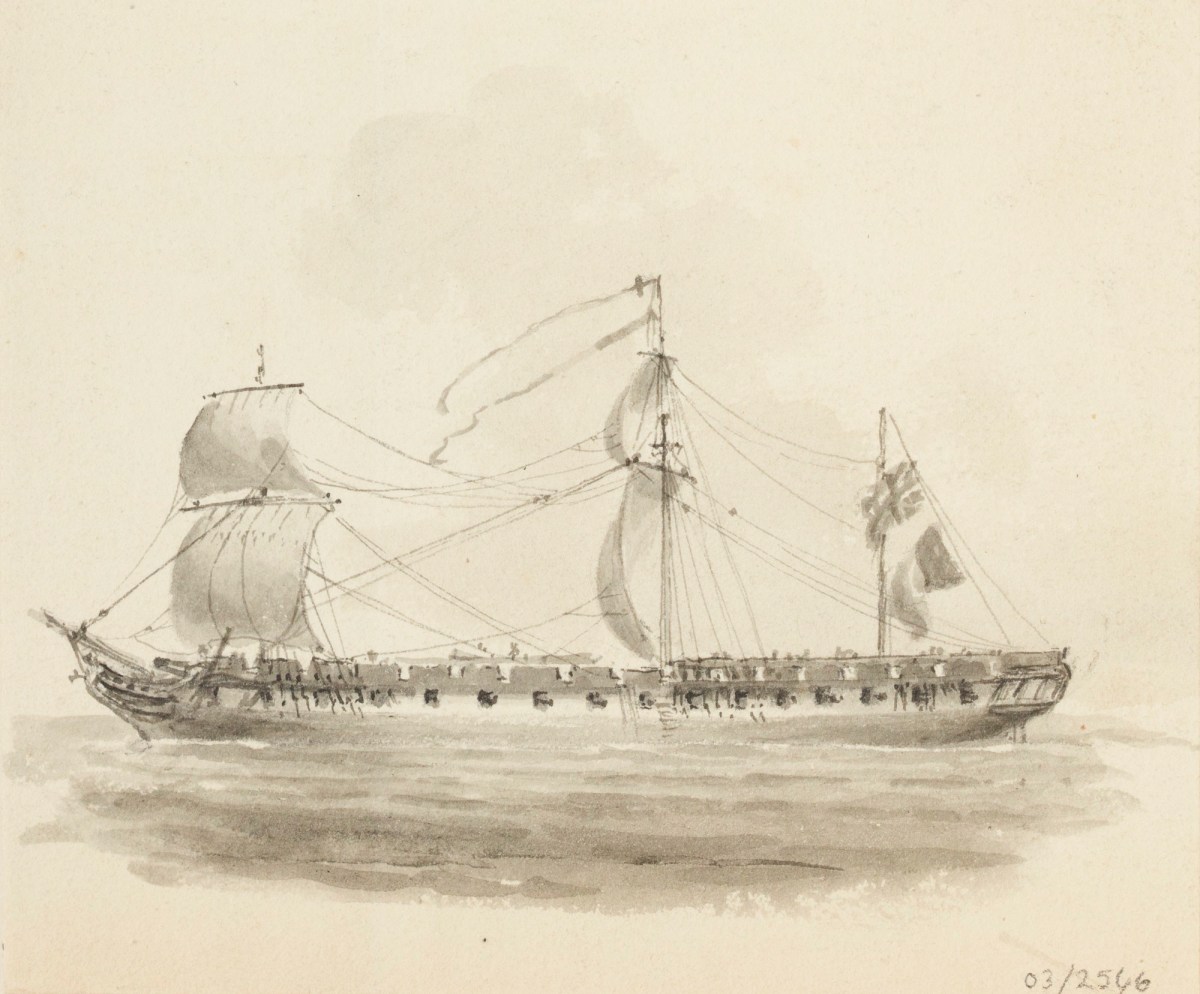 Nicholas Pocock, Drawing of a large sailing ship seen in profile