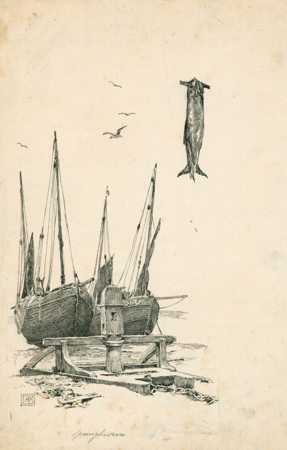 Drawings of two boats on shore and fish hanging on a hook, Works of Art, RA Collection