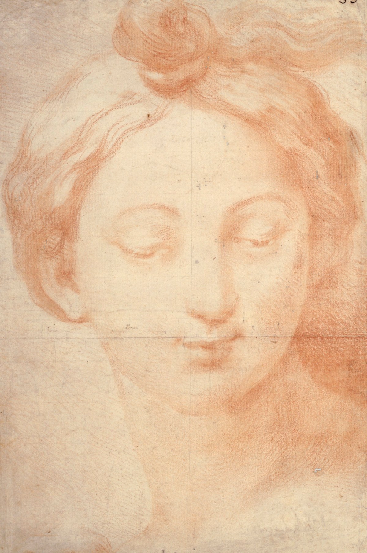 Unidentified British artist, Head of a woman with her hair tied in a knot at the front