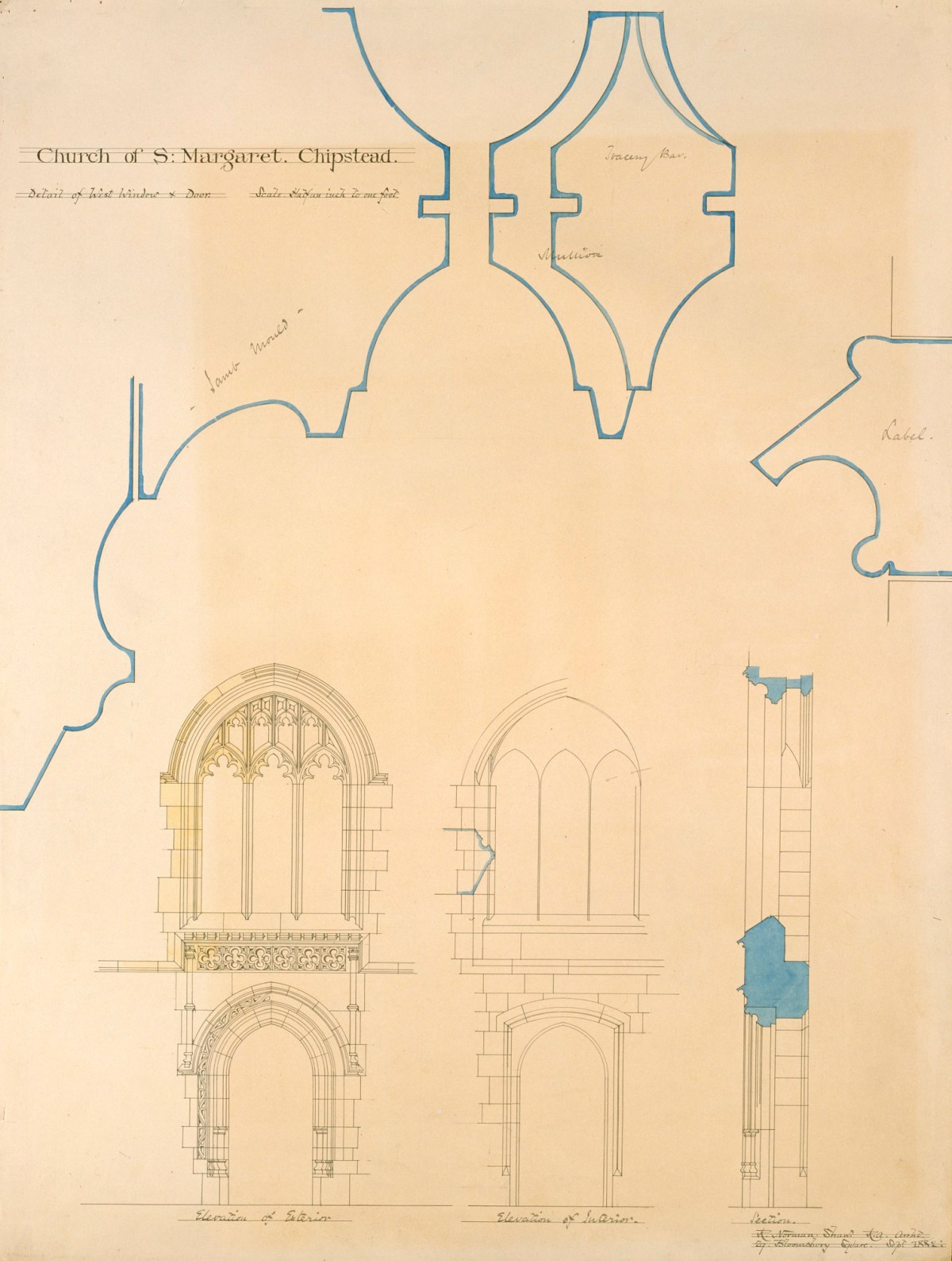 Richard Norman Shaw RA, Design for restoration of St Margaret's Church, Chipstead, Surrey: details of west window and door