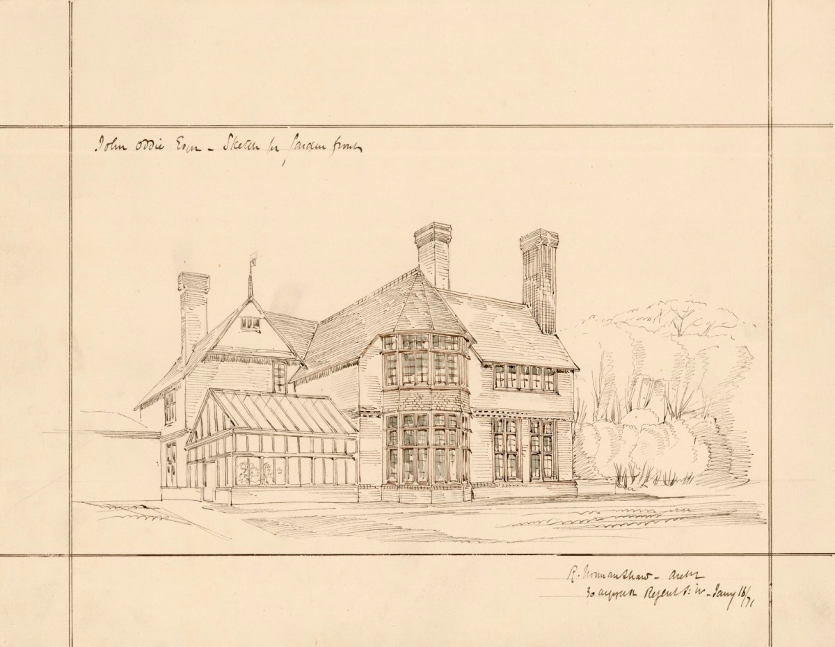 Richard Norman Shaw RA, Design for Harperbury, Radlett, Herts.: perspective sketch of garden front