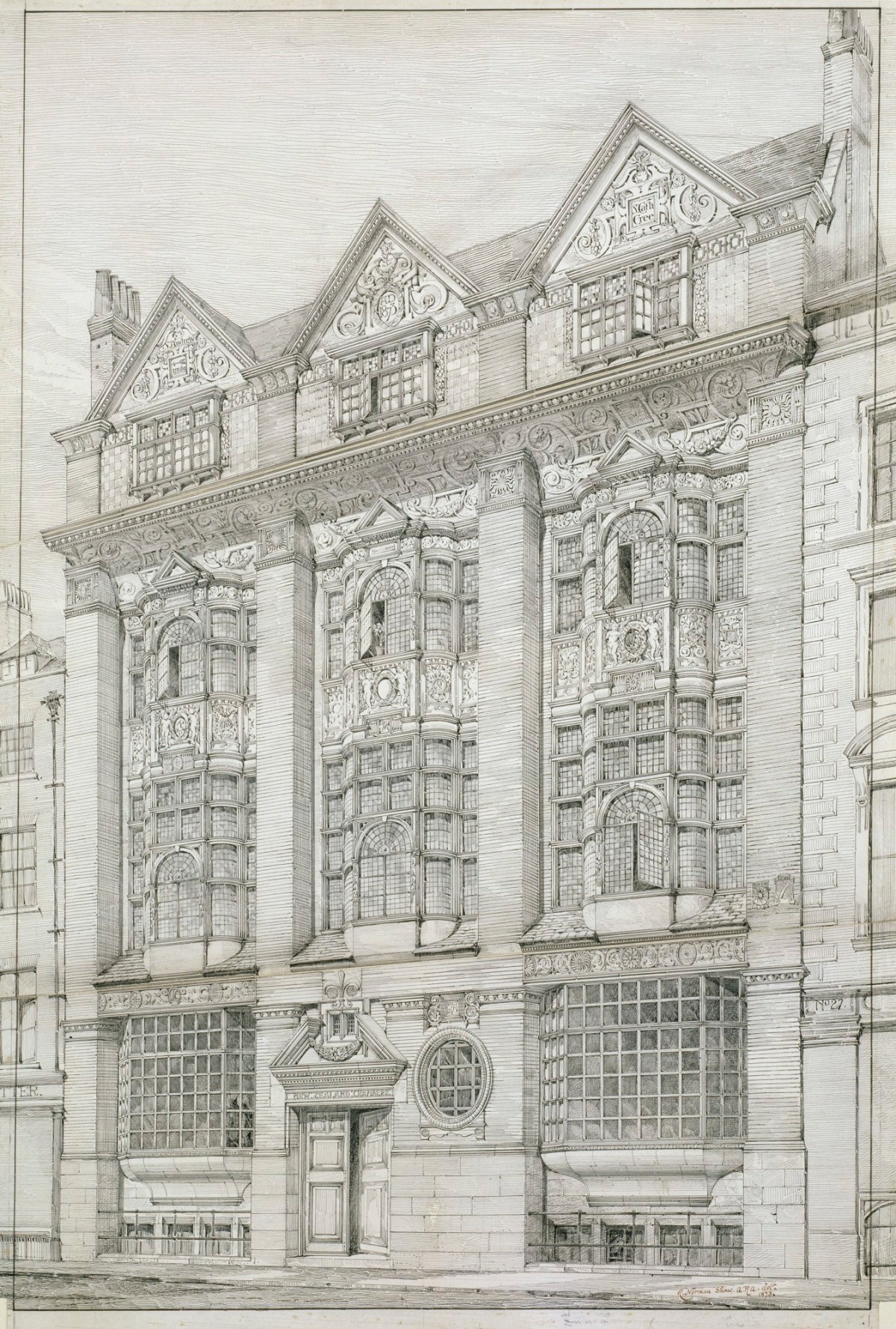 Richard Norman Shaw RA, Design for New Zealand Chambers, Nos. 34-35 Leadenhall Street, London EC3: perspective of street front