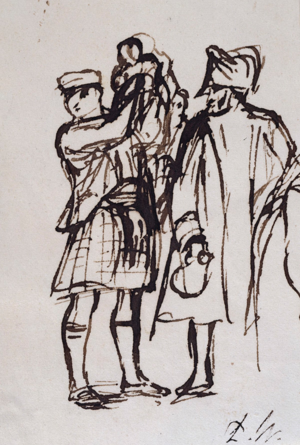Sir David Wilkie RA, Two men and a child - possibly a study for 'Chelsea Pensioners Reading the Gazette of the Battle of Waterloo