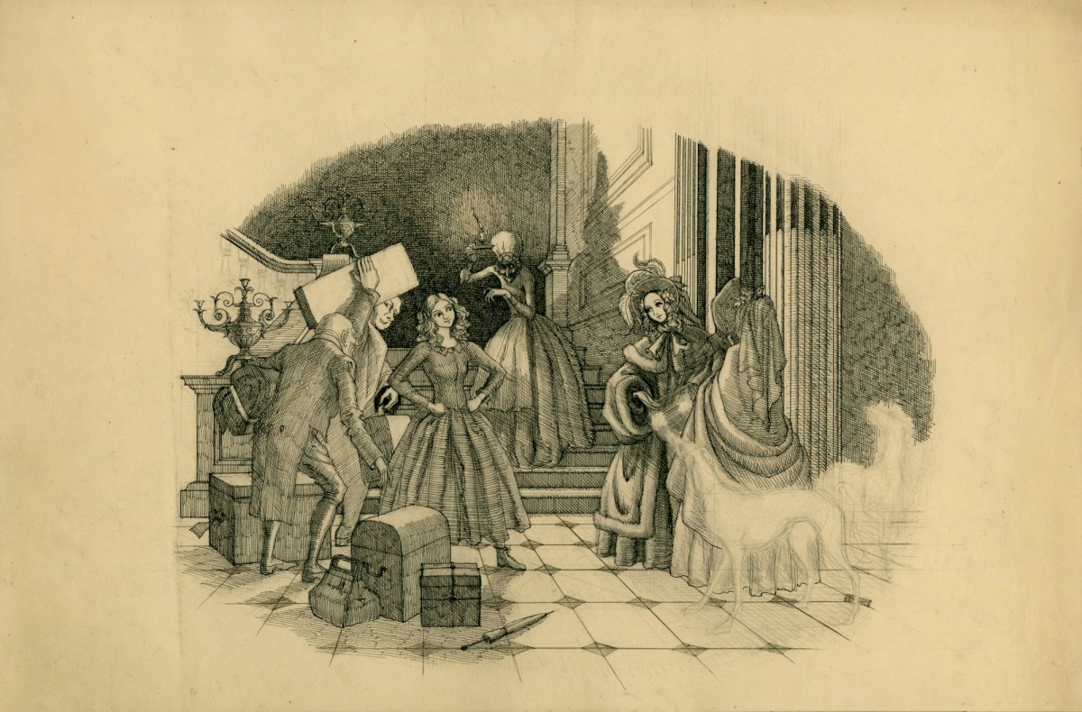 Charles W. Stewart, Maud's arrival at Bartram-Haugh, unfinished illustration for chapter 31 of Uncle Silas