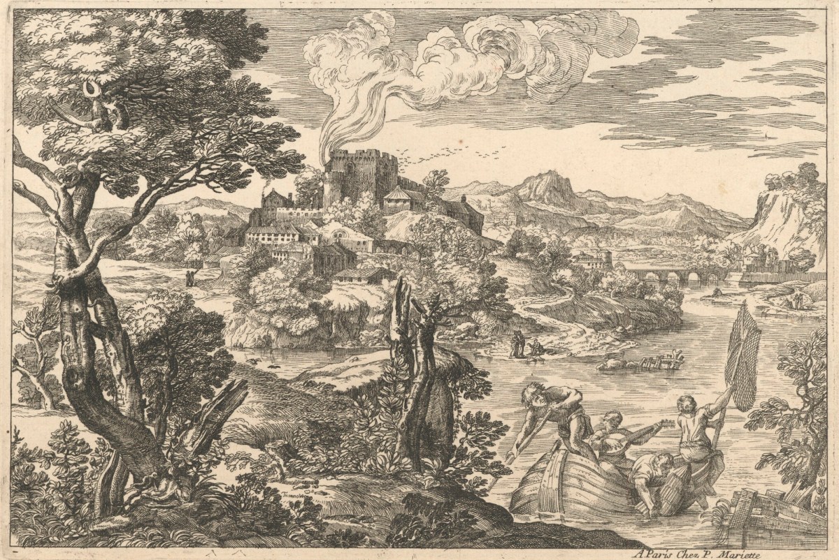 Moyse-Jean-Baptiste Fouard, Landscape with a man playing a lute in a fishing boat