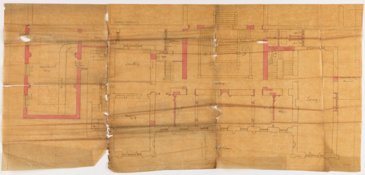 George Edmund Street RA and Richard Norman Shaw RA, Design for alterations and additions, including Refreshement Room (restaurant) to Burlington House, Royal Academy of Arts, Piccadilly, London: first floor plan