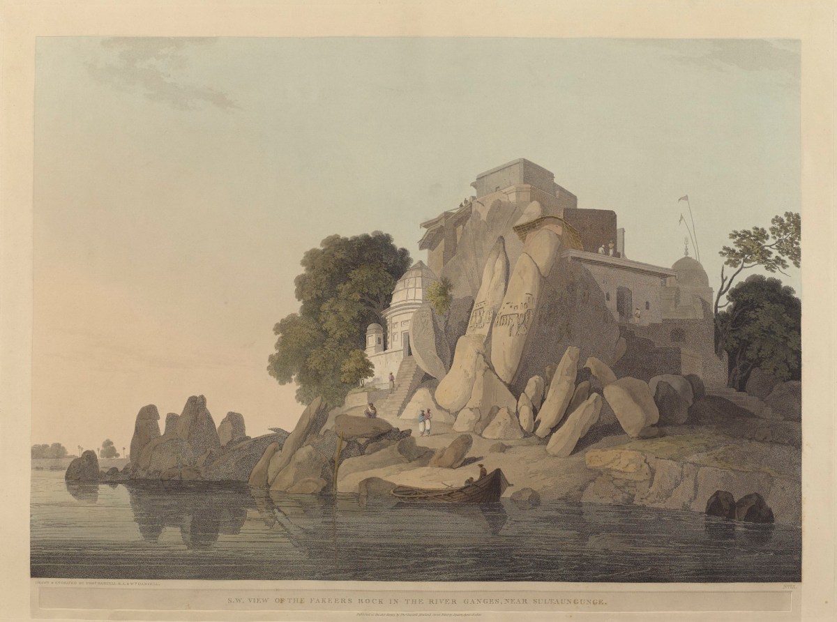 Thomas Daniell RA, S.W. view of the Fekeer's rock in the river Gange, near Sultaungunge