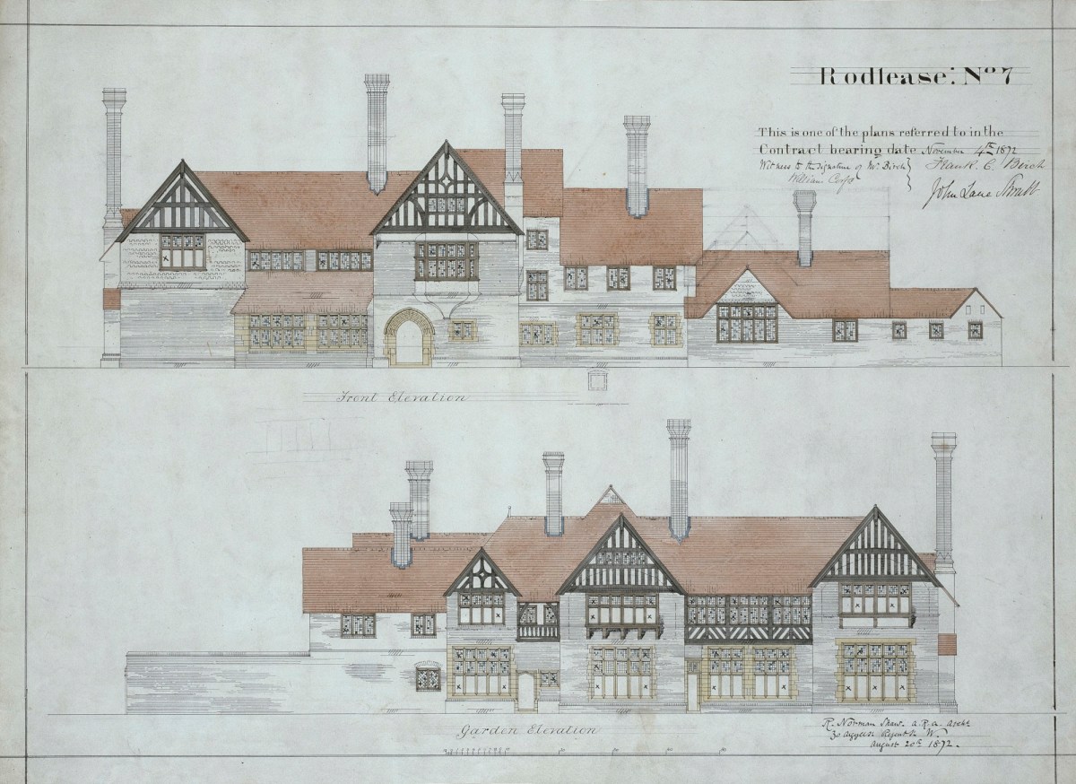 Richard Norman Shaw RA, Design for Boldre Grange, Boldre, Hampshire: contract drawing of front and garden elevations