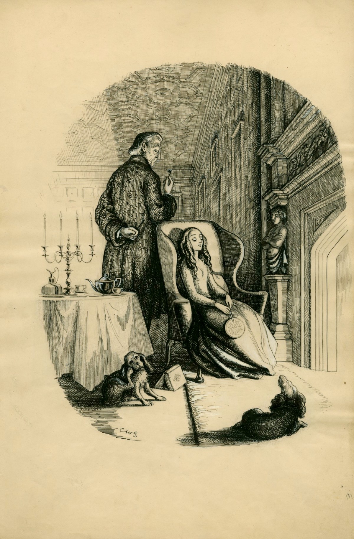 Charles W. Stewart, 'At the far end he nearly disappeared into the gloom', illustration for chapter 1 of Uncle Silas