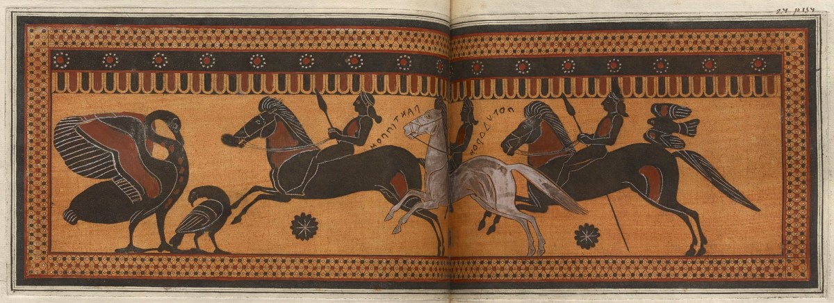 Sir William Hamilton, The Hunt Krater: coloured plate showing three galloping horsemen