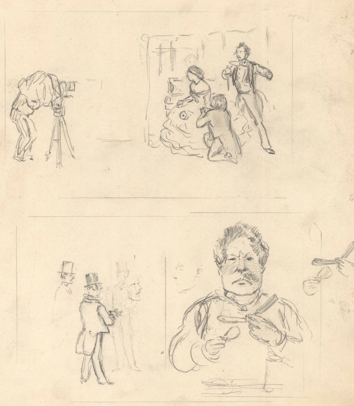 John Leech, Three sketches for cartoons (recto) and Three sketches for cartoons depicting life at the seaside (verso)