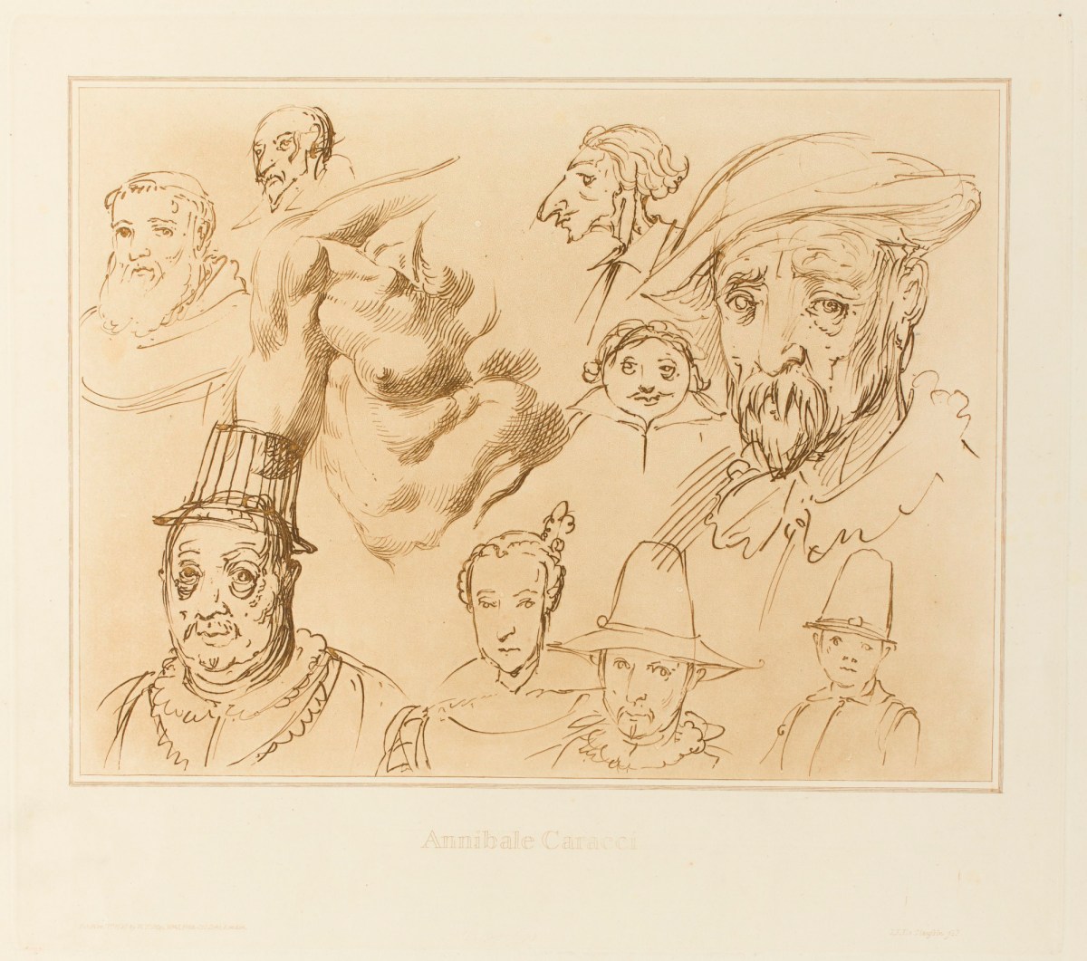 Ignace Joseph de Claussen, 'A sheet of caricatures, and amongst them his own portrait' after a drawing attributed to Annibale Carracci