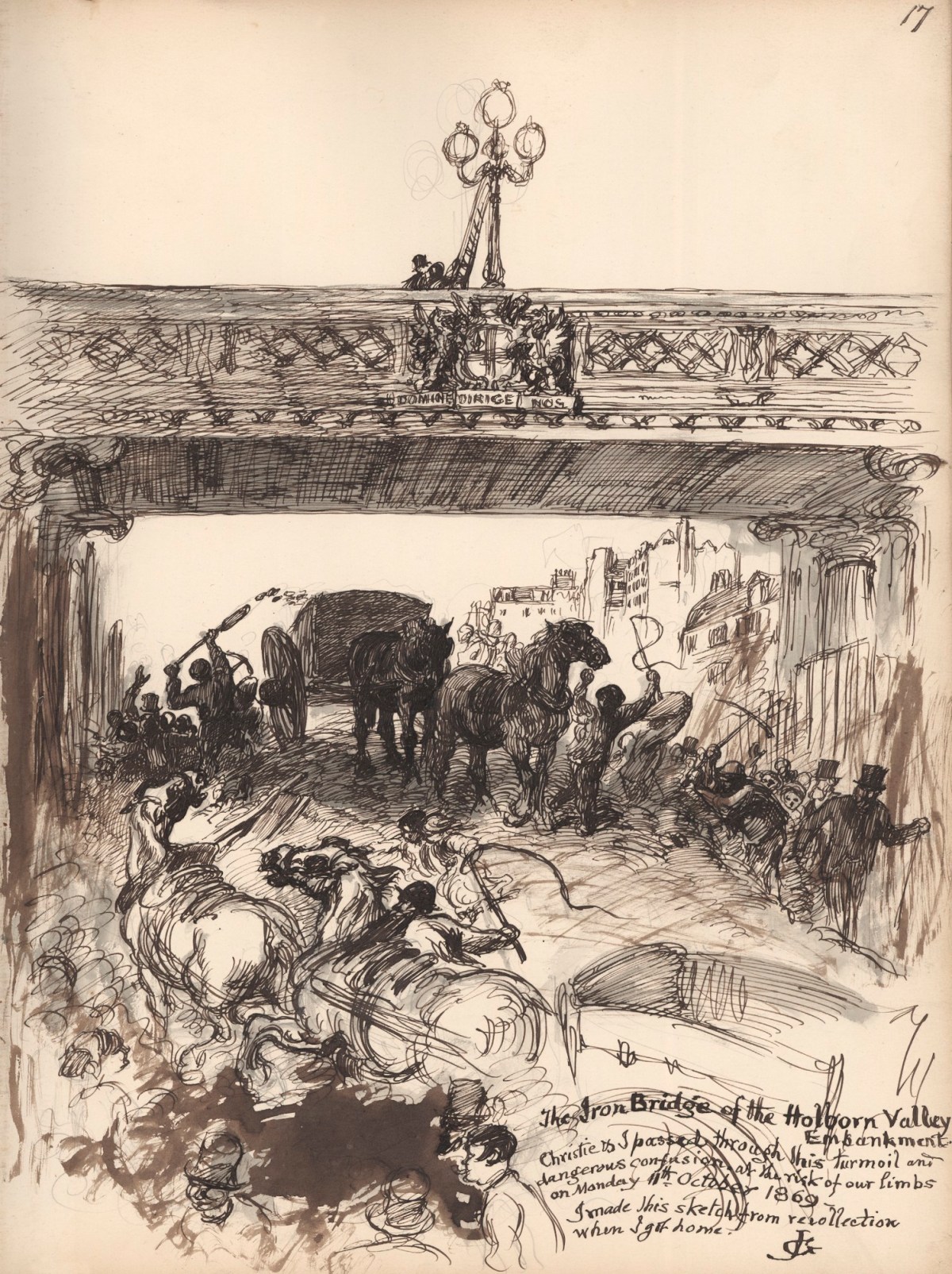 Sir John Gilbert RA, Leaf from a sketchbook with a drawing of Holborn viaduct, London