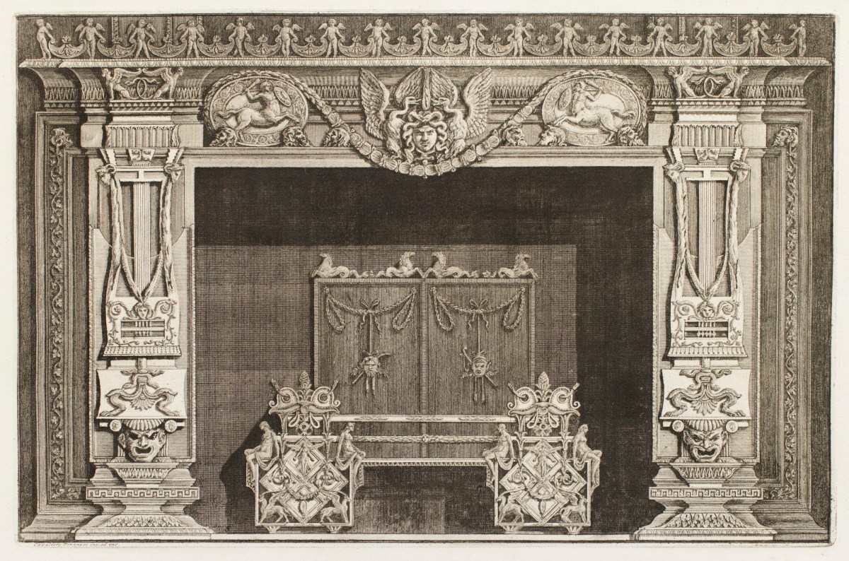Giovanni Battista Piranesi, Design for chimneypiece with satyrs, medusa mask and frieze of cherubs