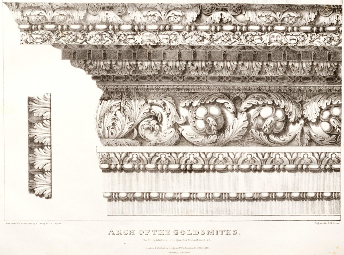 Edward Cresy and G.L. Taylor, Arch of the Goldsmiths, Rome: the entablature, one quarter the actual size