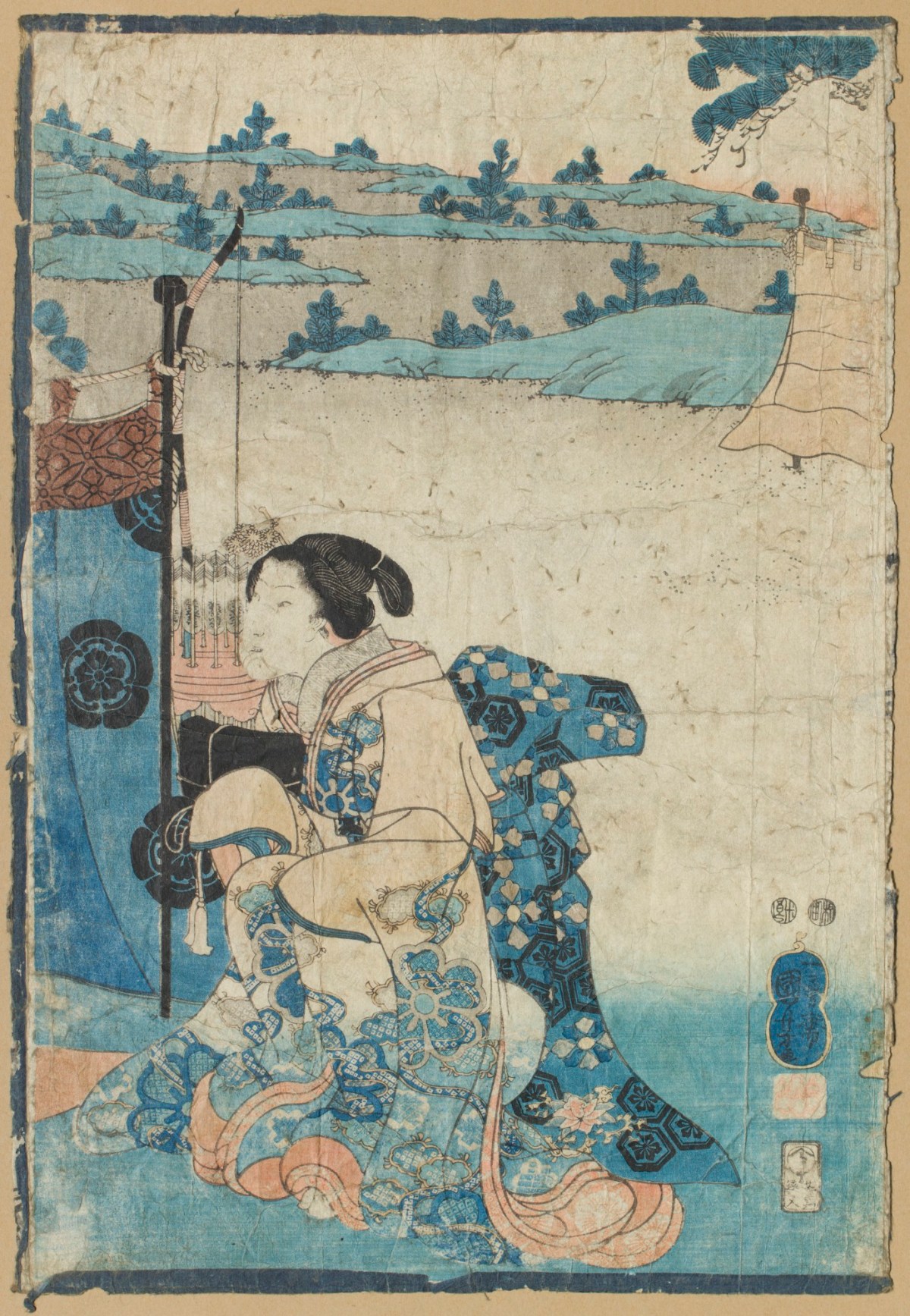 Utagawa Kuniyoshi, A figure kneeling by a quiver of arrows