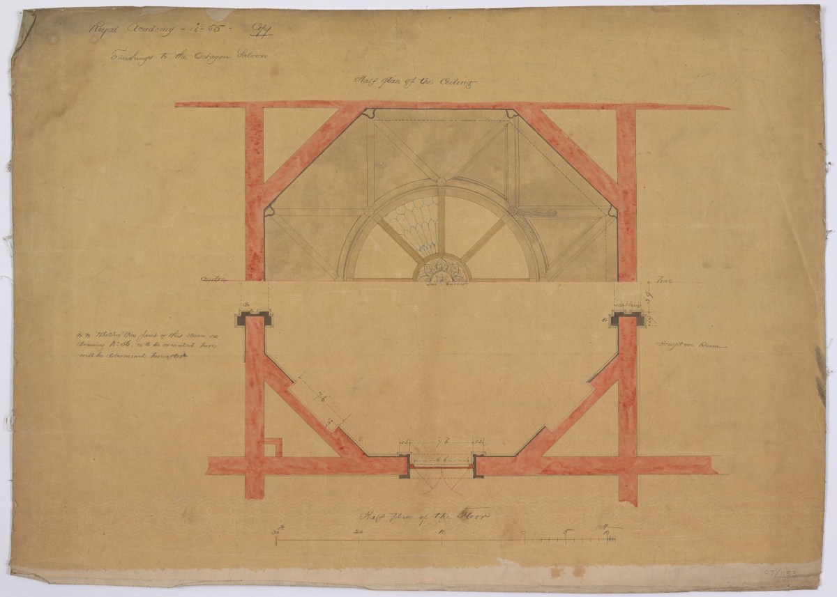 Sydney Smirke RA, Design for Royal Academy Main Exhibition Galleries and Schools building, Burlington House, Piccadilly, Westminster, London: half-plans of ceiling and floor, octagon room, drawing no. 55