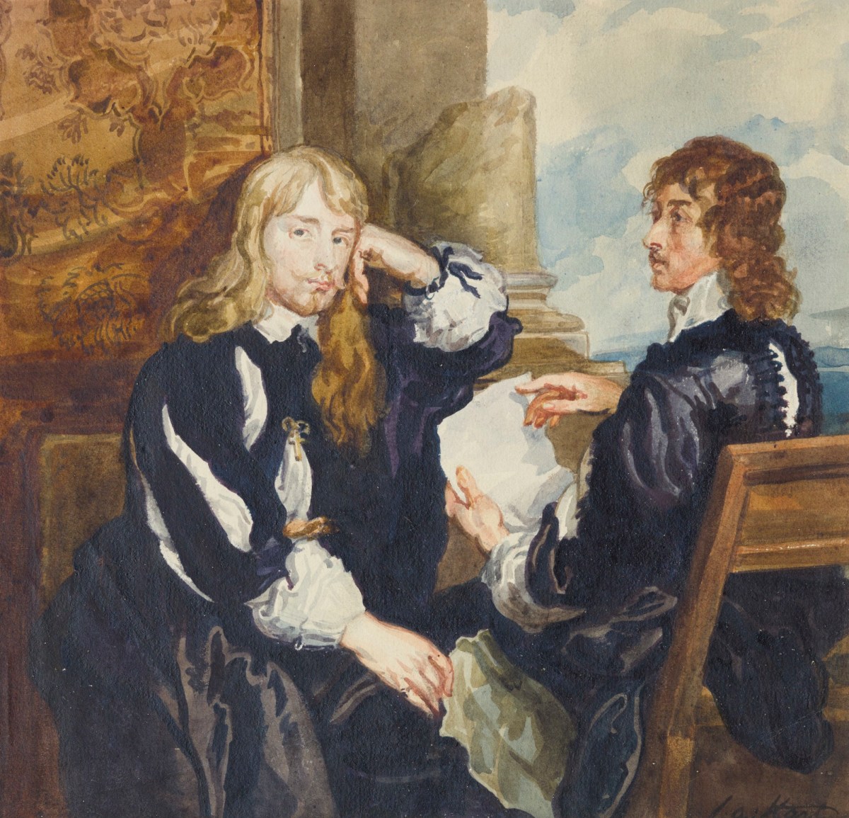 Solomon Alexander Hart RA and Anthony Van Dyck, Watercolour study after Van Dyck's portrait of Thomas Killigrew and Lord William Crofts