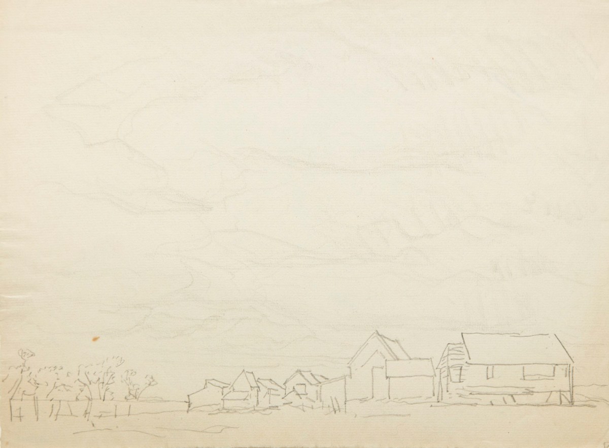Sir George Clausen RA, Sketch of barns and sky