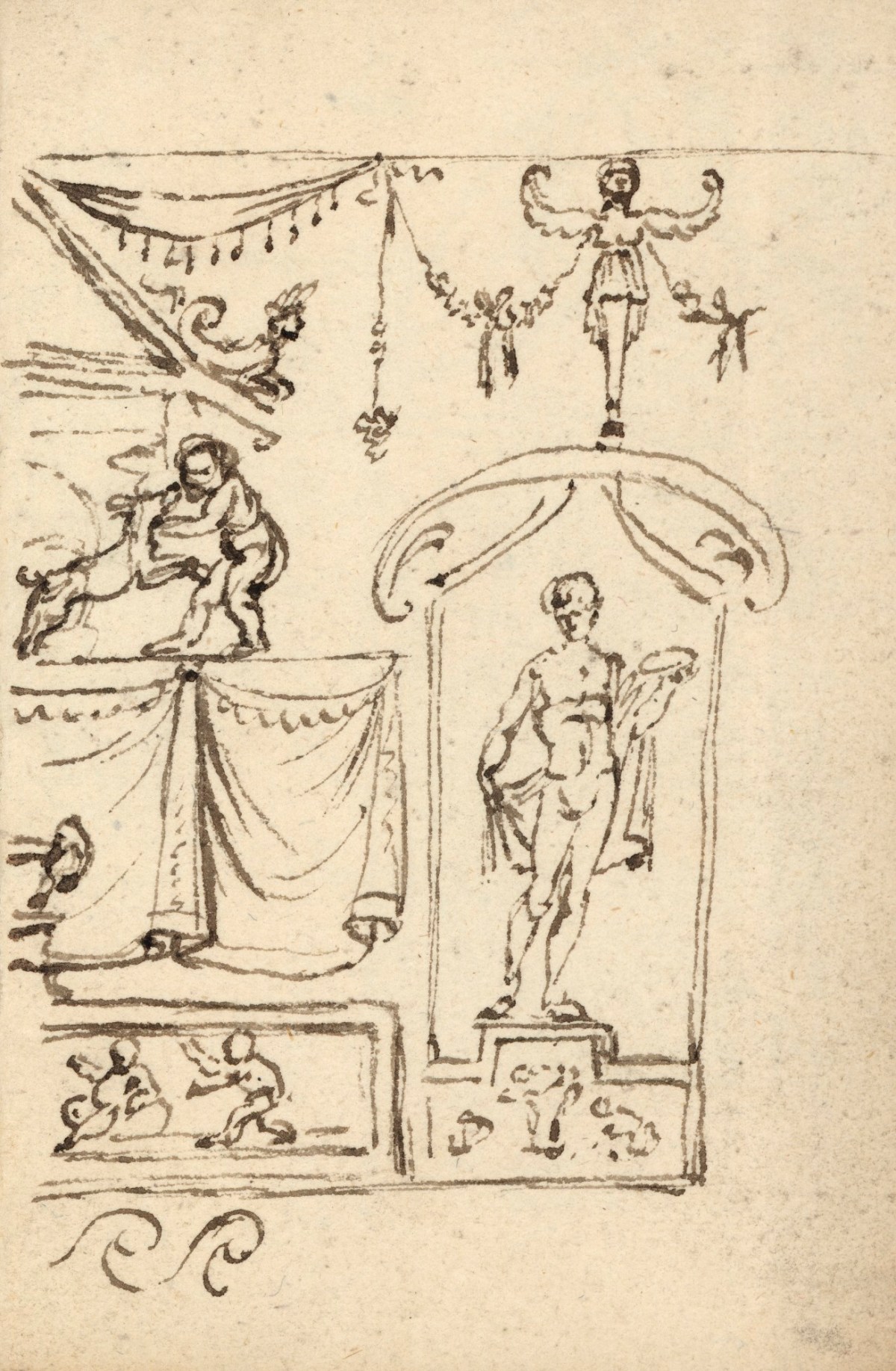 Benjamin West PRA, Leaf from a sketchbook with drawings of grotesque ornament
